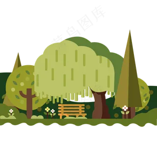 春天公园树荫柳树长椅花朵图,免抠元素