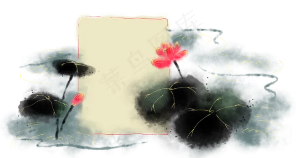 写意水墨风金线荷花边框