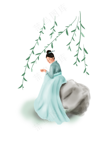 古代人物古人少女与柳树