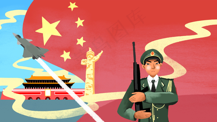 卡通手绘风建军节配图