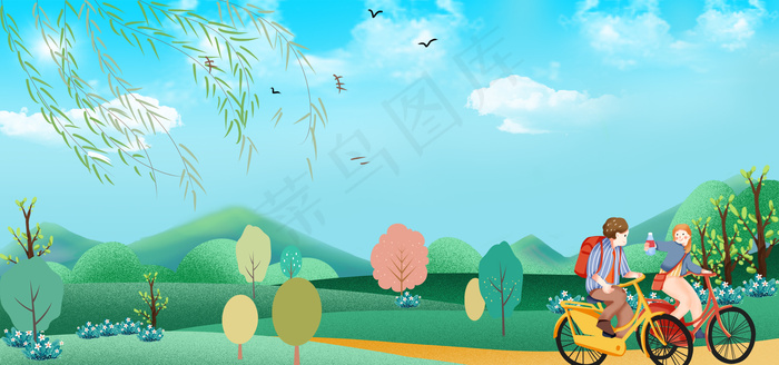 春天踏青插画手绘卡通蓝banner
