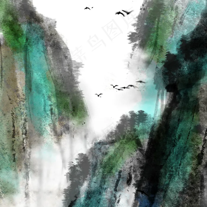 中国风水墨写意山林山水飞鸟(2000*2000px 300 dpi )psd模版下载