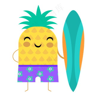 夏日海滩卡通凤梨冲浪小人