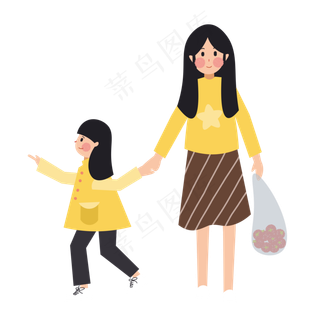 手绘妈妈拉着女儿买水果元素