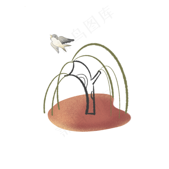 手绘中国风柳树燕子