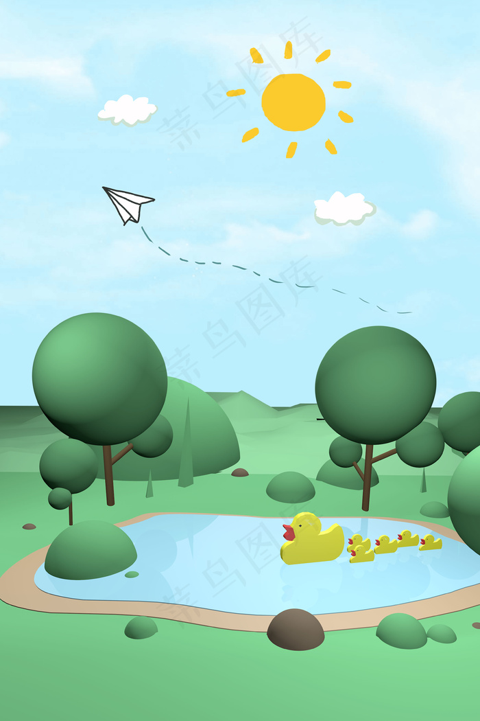 大暑二十四节气卡通文艺森林湖泊背景