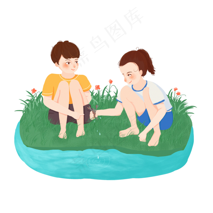 夏至水边嬉戏捉龙虾的孩子PNG(2000X2000(DPI:300))psd模版下载