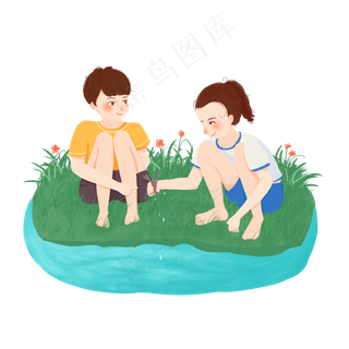 夏至水边嬉戏捉龙虾的孩子PNG