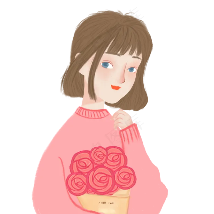 情人节浪漫粉色衣服捧花女孩儿