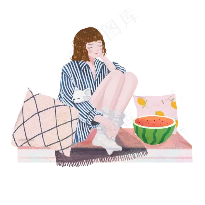 大暑宅家吃西瓜女孩png素材(2000X2000(DPI:300))psd模版下载