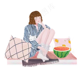 大暑宅家吃西瓜女孩png素材