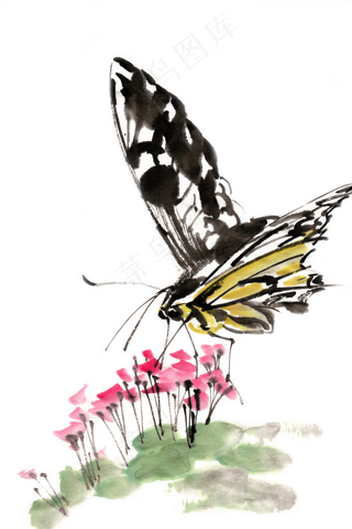 蝴蝶水墨画PNG免抠素材