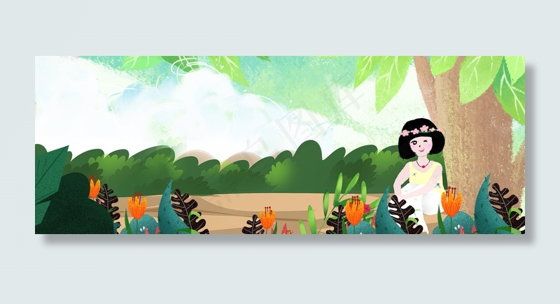 夏至卡通插画郊游的女孩banner