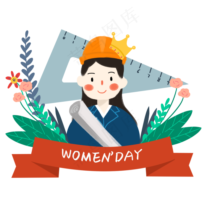女神节小清新风格戴着王冠的女工,免抠元素