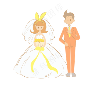 手拿花束结婚的新娘和新郎卡通元