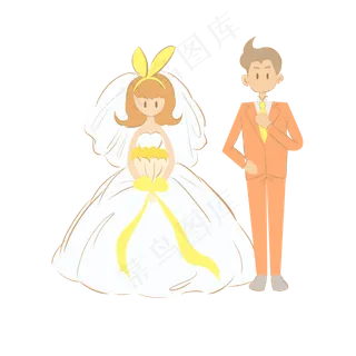 手拿花束结婚的新娘和新郎卡通元