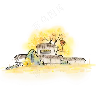 水墨金秋村庄,免抠元素