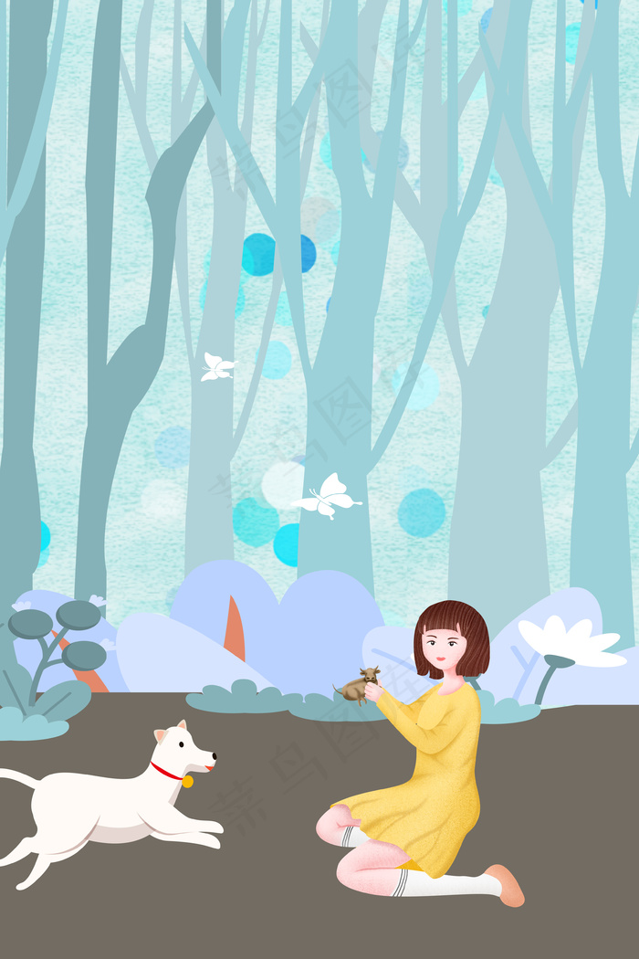 卡通插画风女孩春天郊游背景