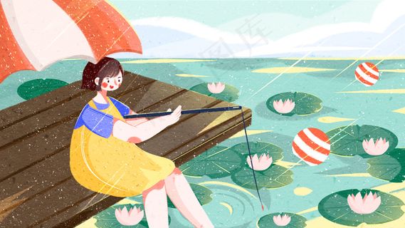 夏天夏至节气女孩河边钓鱼