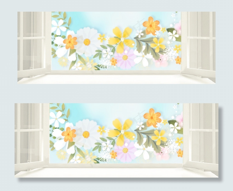 春天烂漫窗外景色文艺白banner背景图片素材,背景元素