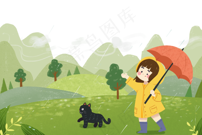 谷雨降雨少女和猫咪在森林玩耍
