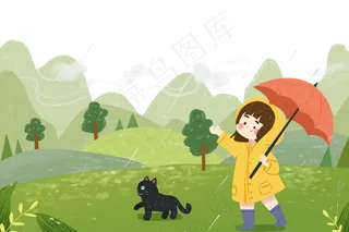 谷雨降雨少女和猫咪在森林玩耍