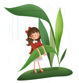 初春叶子下避雨的女孩,免抠元素