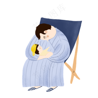 父亲节蓝色系父亲抱儿子睡觉手绘