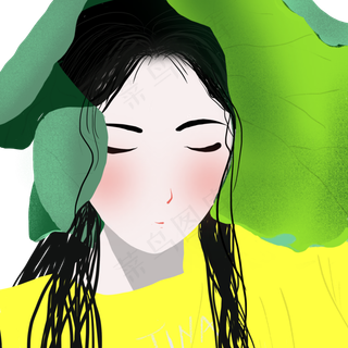 小暑夏季荷叶姑娘清新手绘