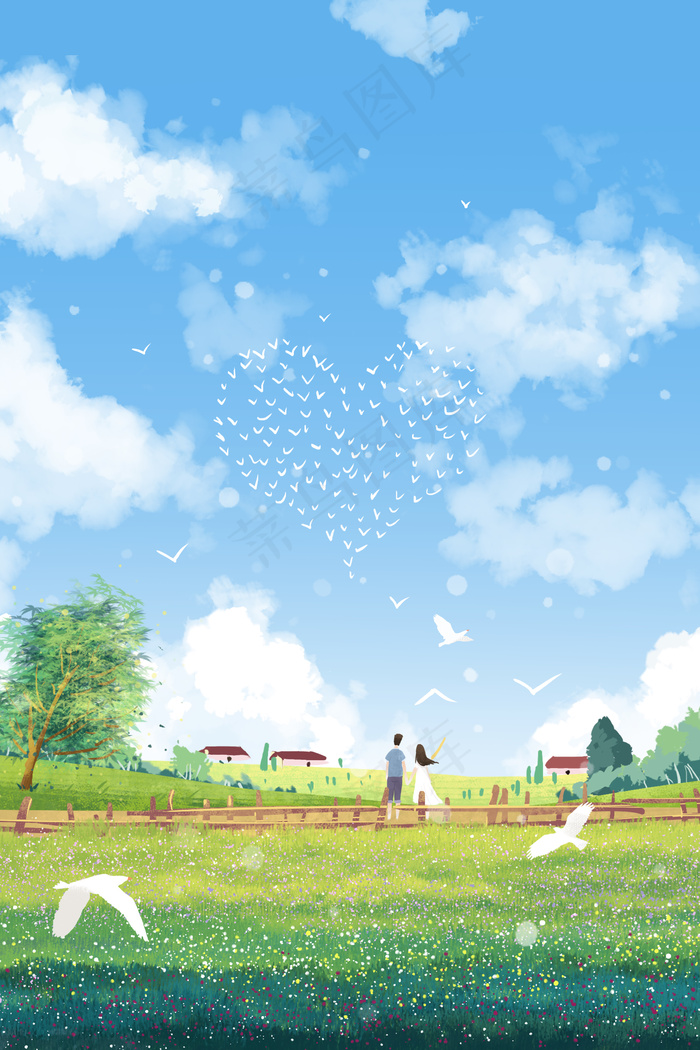夏日天空鸟儿爱心情人节小清新治愈系