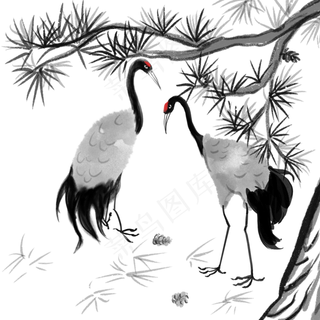 中国风仙鹤国画水墨,免抠元素