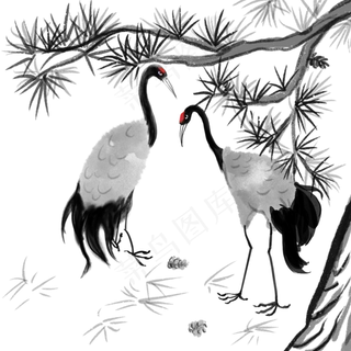 中国风仙鹤国画水墨,免抠元素