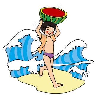 夏日海边吃西瓜少年
