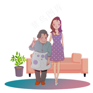 手绘重阳节中秋节母女