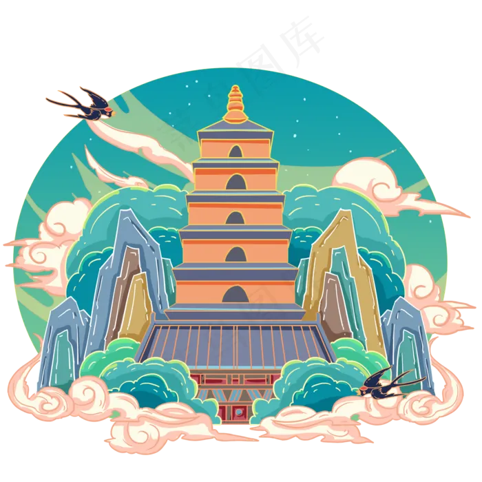 国潮风中国风情大雁塔,免抠元素(2000*2000px 300 dpi )psd模版下载