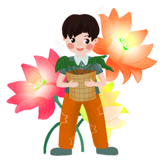 男孩春夏种植荷花