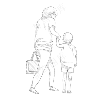 手绘素描母亲牵着孩子走路