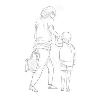 手绘素描母亲牵着孩子走路