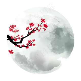 手绘红梅山水水墨