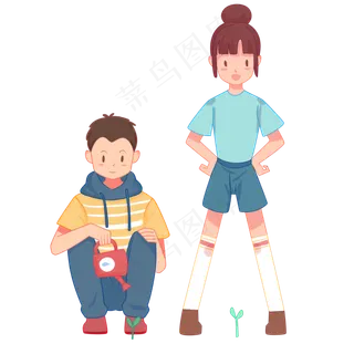 手绘男孩和女孩给树苗浇水