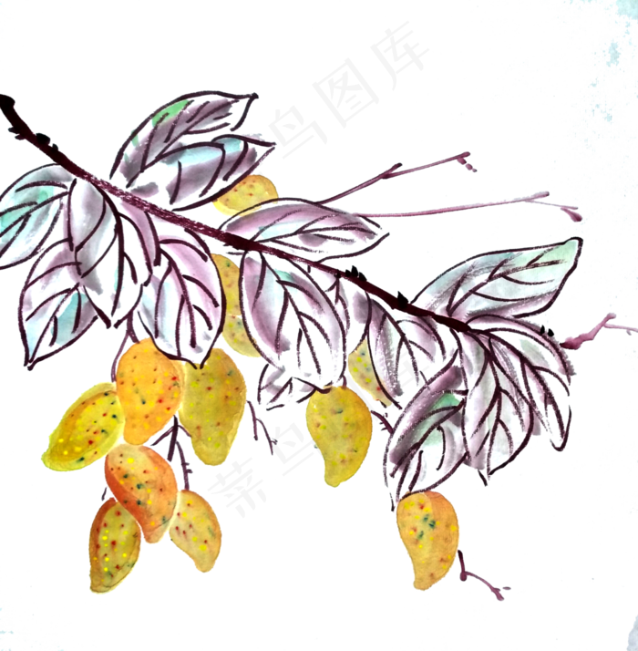 芒果水墨国画树枝鲜果夏天水果P(2940X3000(DPI:72))psd模版下载