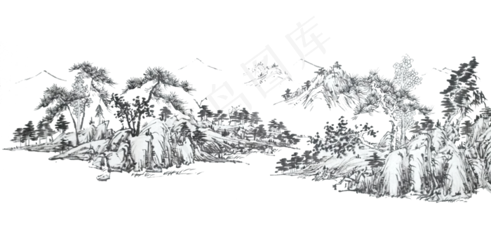 国画水墨山水线描白描PNG(4000X2000(DPI:300))psd模版下载