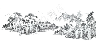 国画水墨山水线描白描PNG
