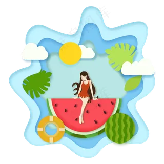 夏日元素西瓜剪纸风PNG素材