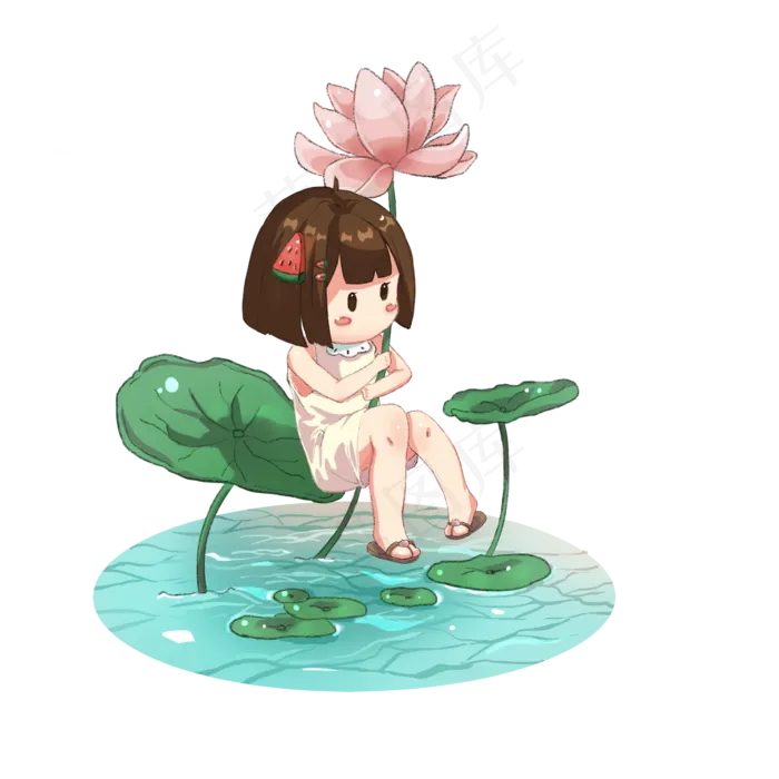 小暑大暑节气绿色卡通女孩拿荷叶(2000X2000(DPI:300))psd模版下载