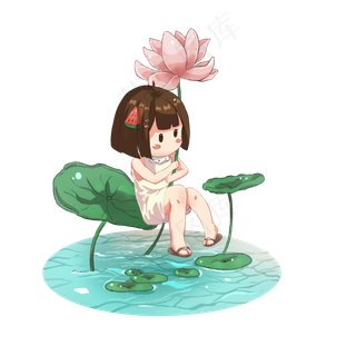 小暑大暑节气绿色卡通女孩拿荷叶