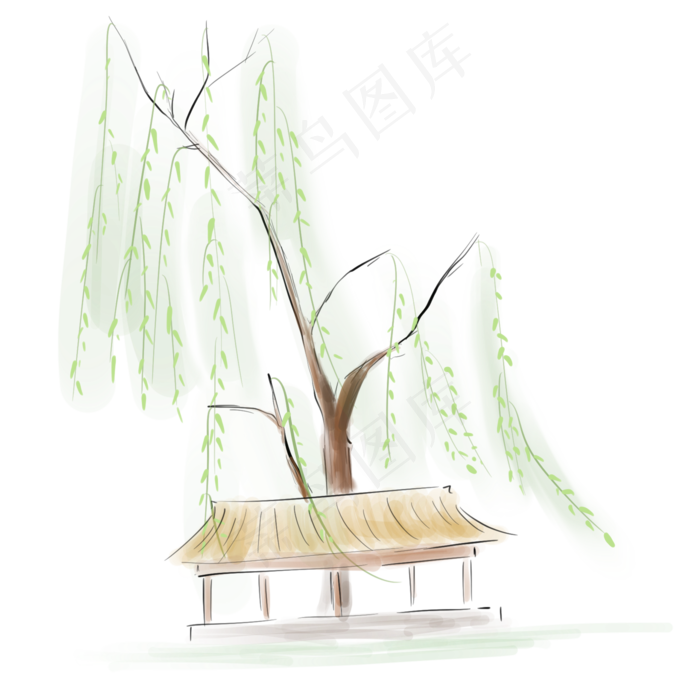 中国风水墨亭子和树,免抠元素