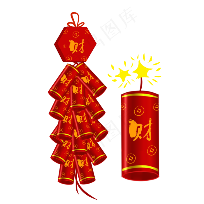 喜庆财字鞭炮手绘,免抠元素