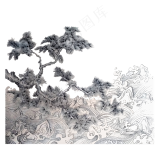 山水浪花水墨国画PNG线描松古典东,免抠元素
