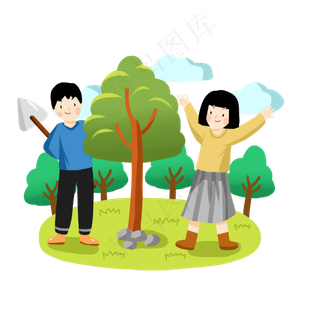 手绘卡通男孩和女孩植树节辛勤植